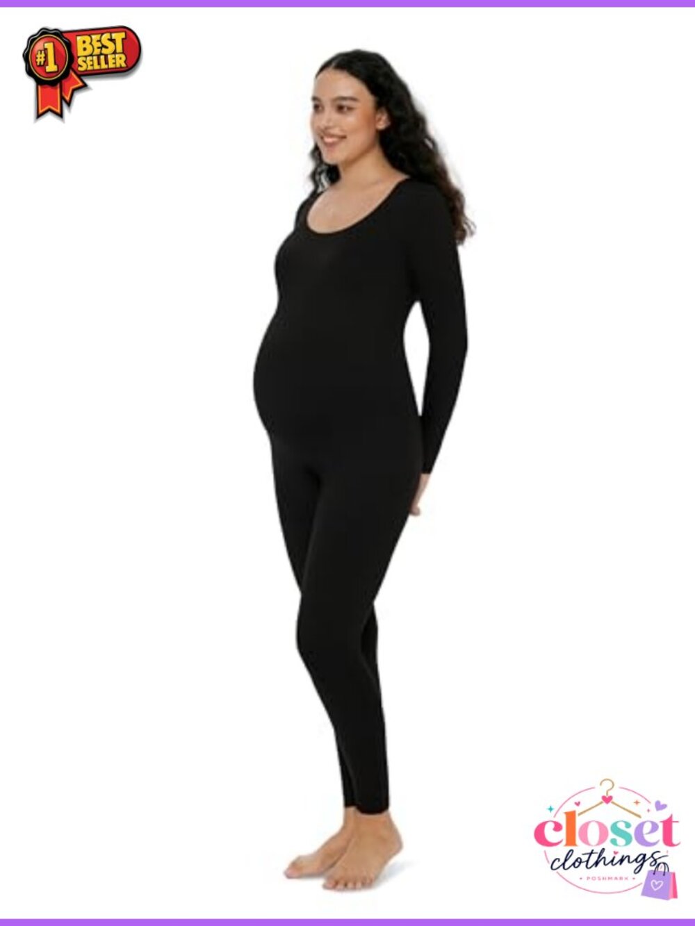 POSHDIVAH Women's Maternity Bodysuit Scoop Neck Long Sleeve Jumpsuit